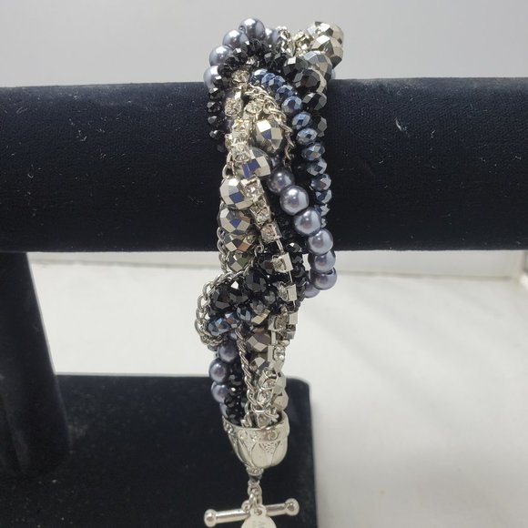 ALI KHAN multi color twisted bracelet silver-pearl-rhinestone-hematite - Picture 3 of 9